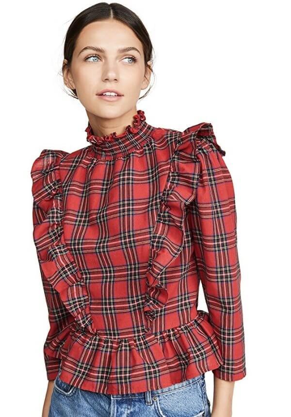 Ruffle store plaid top