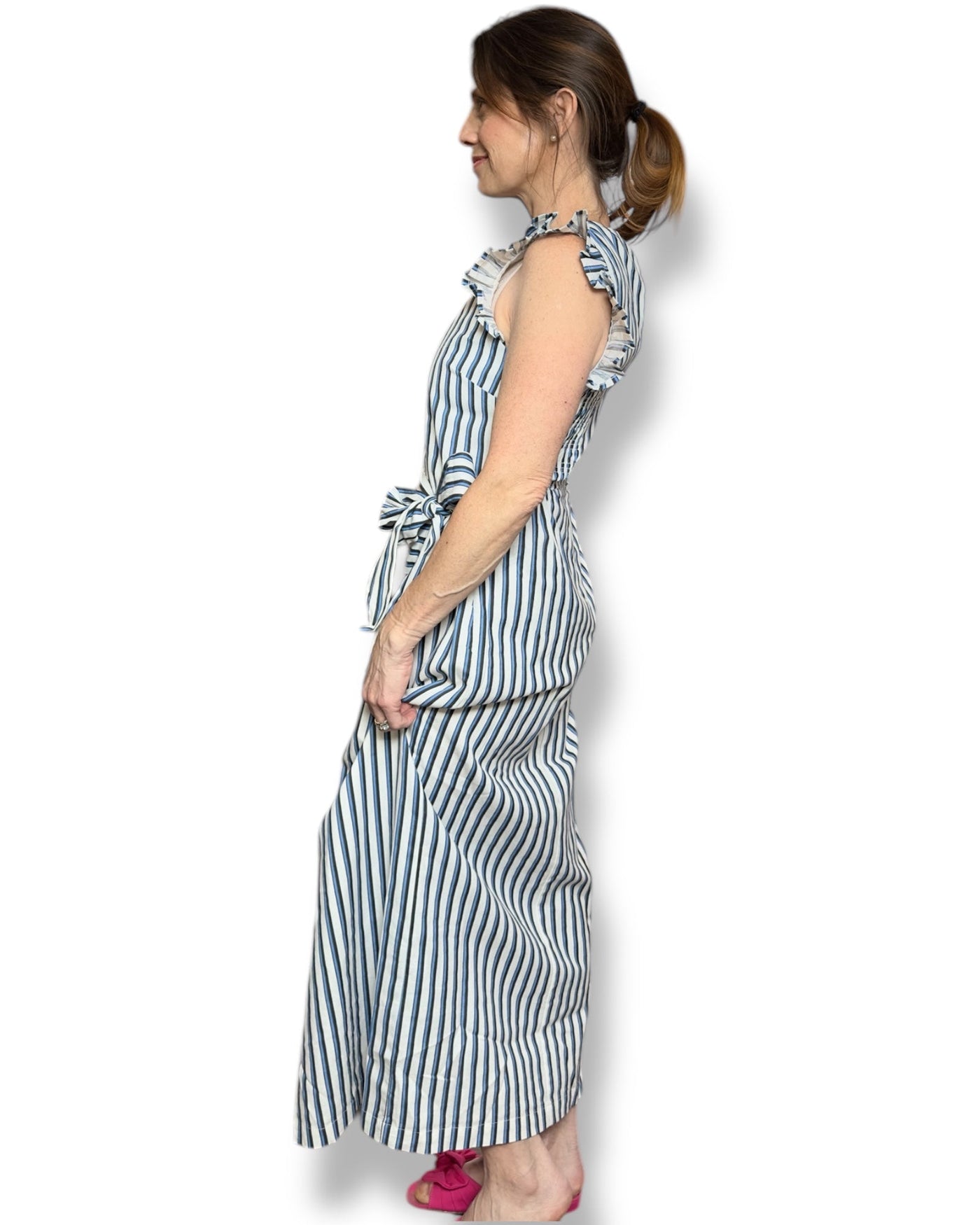 Greta Sleeveless Flared Cotton Midi Dress in Beige